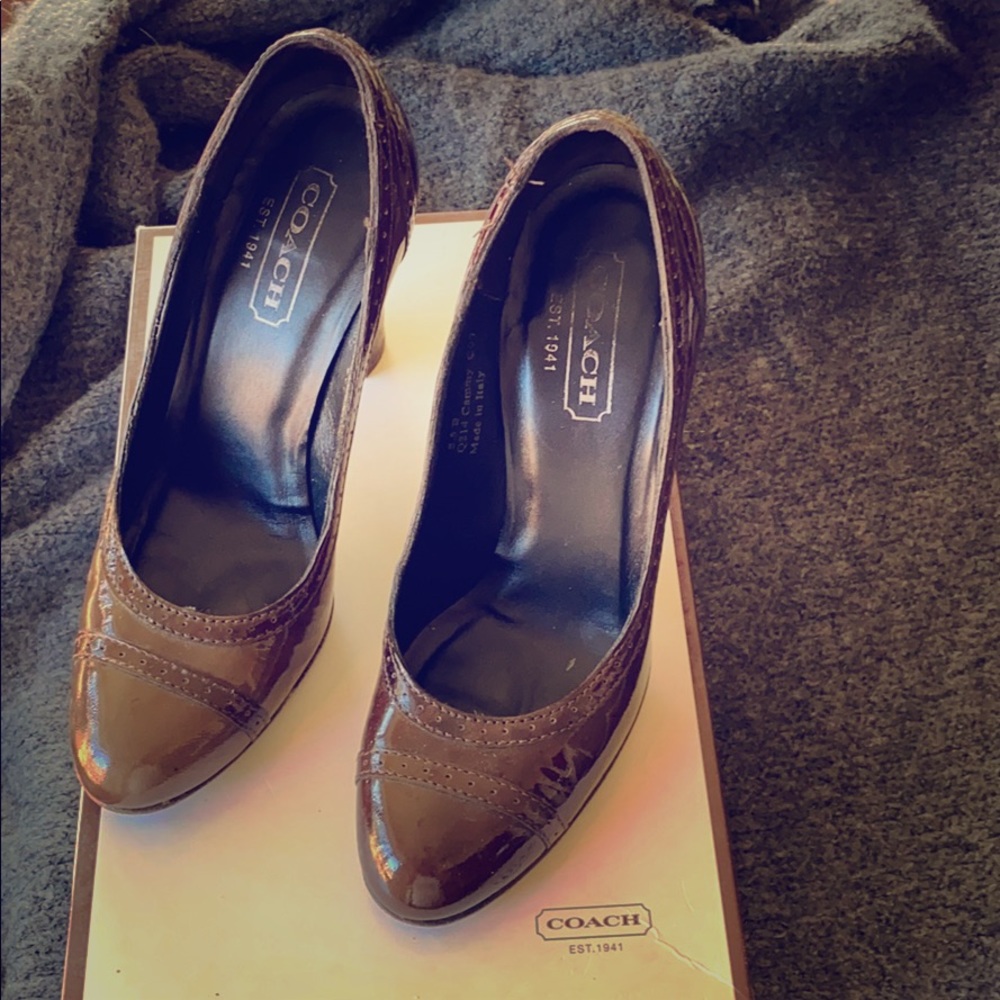 Patent Coach Shoes.  Chestnut color